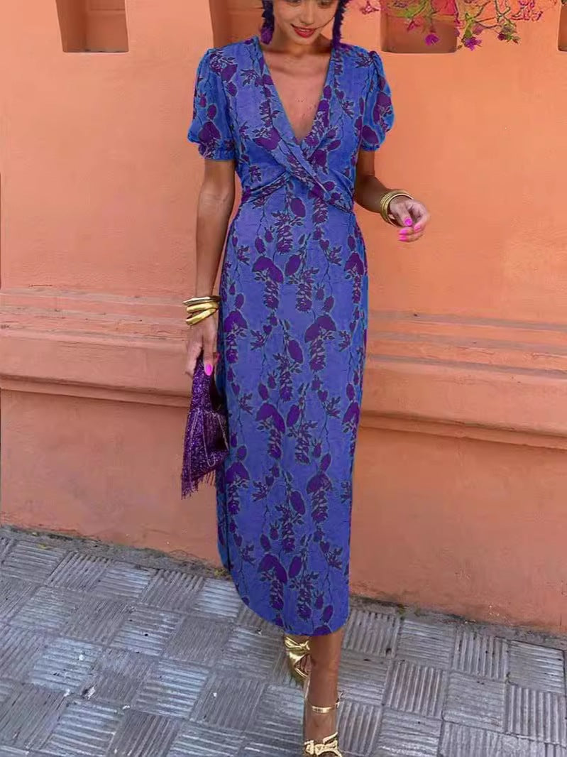 Robe longue froncée pour femme – Col en V manches courtes, imprimé ajusté élégant