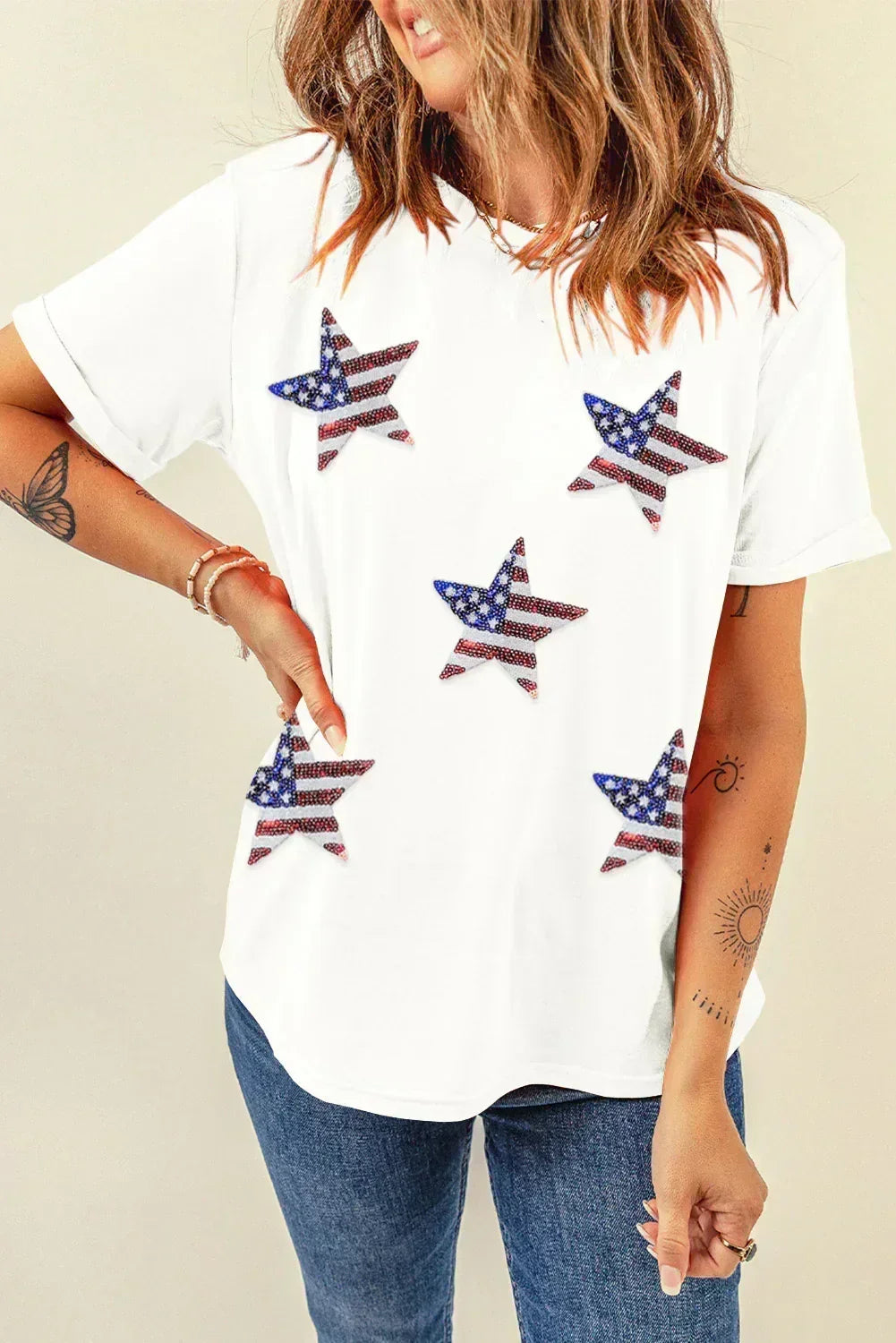 T-shirt graphique étoiles drapeau américain à paillettes noires
