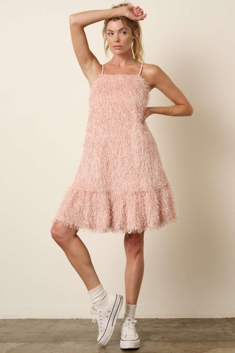 Feather Ruffle Hem Mini Cami Dress For Women – Ruffled Mini Dress, Cami Dress, Flatterting, Feather Detail Dress, Playful Mini Dress, Warm Weather Dress