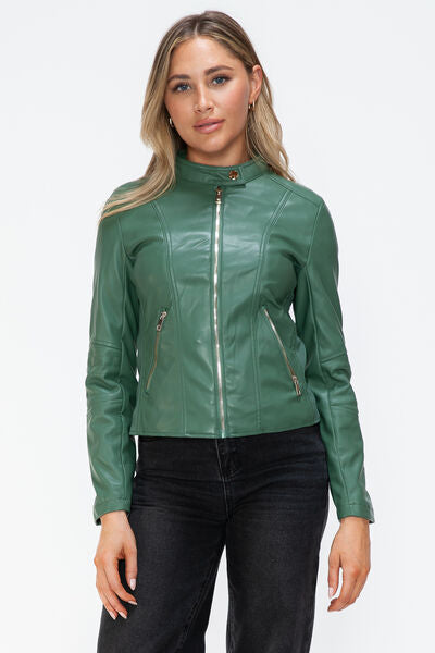 Veste à capuche en similicuir zippée avec cordon de serrage pour femme, élégante et décontractée, en cuir PU pour le streetwear