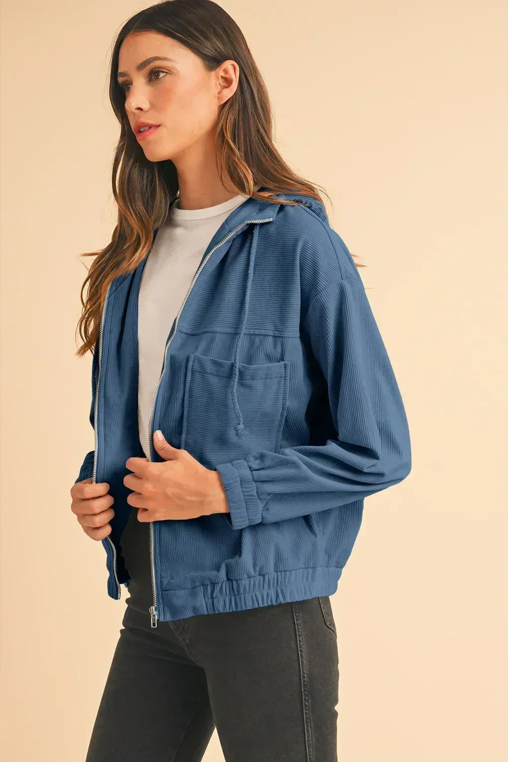 Veste à capuche zippée en velours côtelé bleu sarcelle véritable – Femstylo