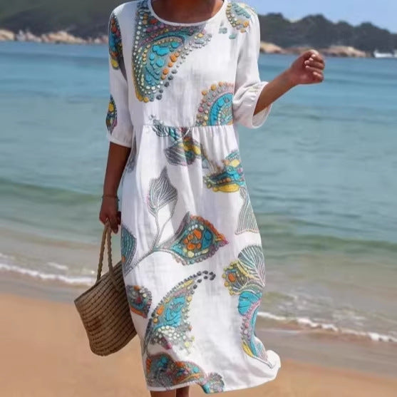 Robe trapèze à manches longues et imprimé floral 3D pour femme – Col rond coupe ample