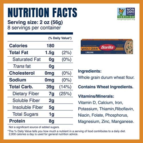 Barilla Whole Grain Linguine Pasta, 16 Oz. Box - Non-Gmo Pasta Made With 100% Whole Grain Durum Wheat - Great Source Of Fiber