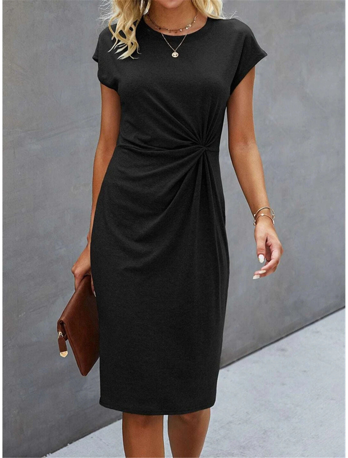 Robe Midi Moulante à Nœud sur le Devant – Robe sans Manches à Col Rond avec Nœud