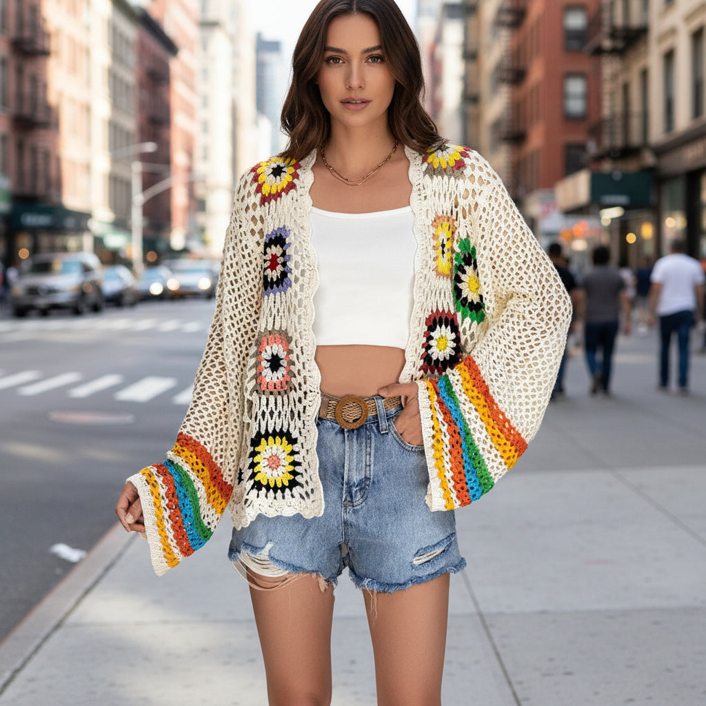 Cardigan en maille florale fait main au crochet | Haut tricoté bohème ouvert sur le devant