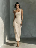 Robe Midi à Col Carré et Bretelles – Robe Taille Haute