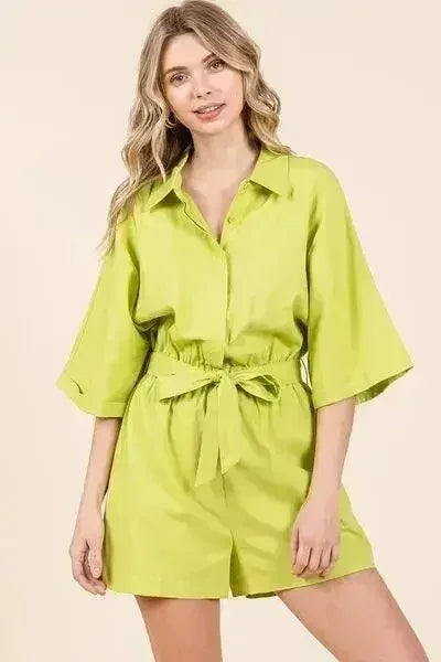 Combi-short noué à la taille - Combinaison en lin mélangé à manches mi-longues | Femstylo