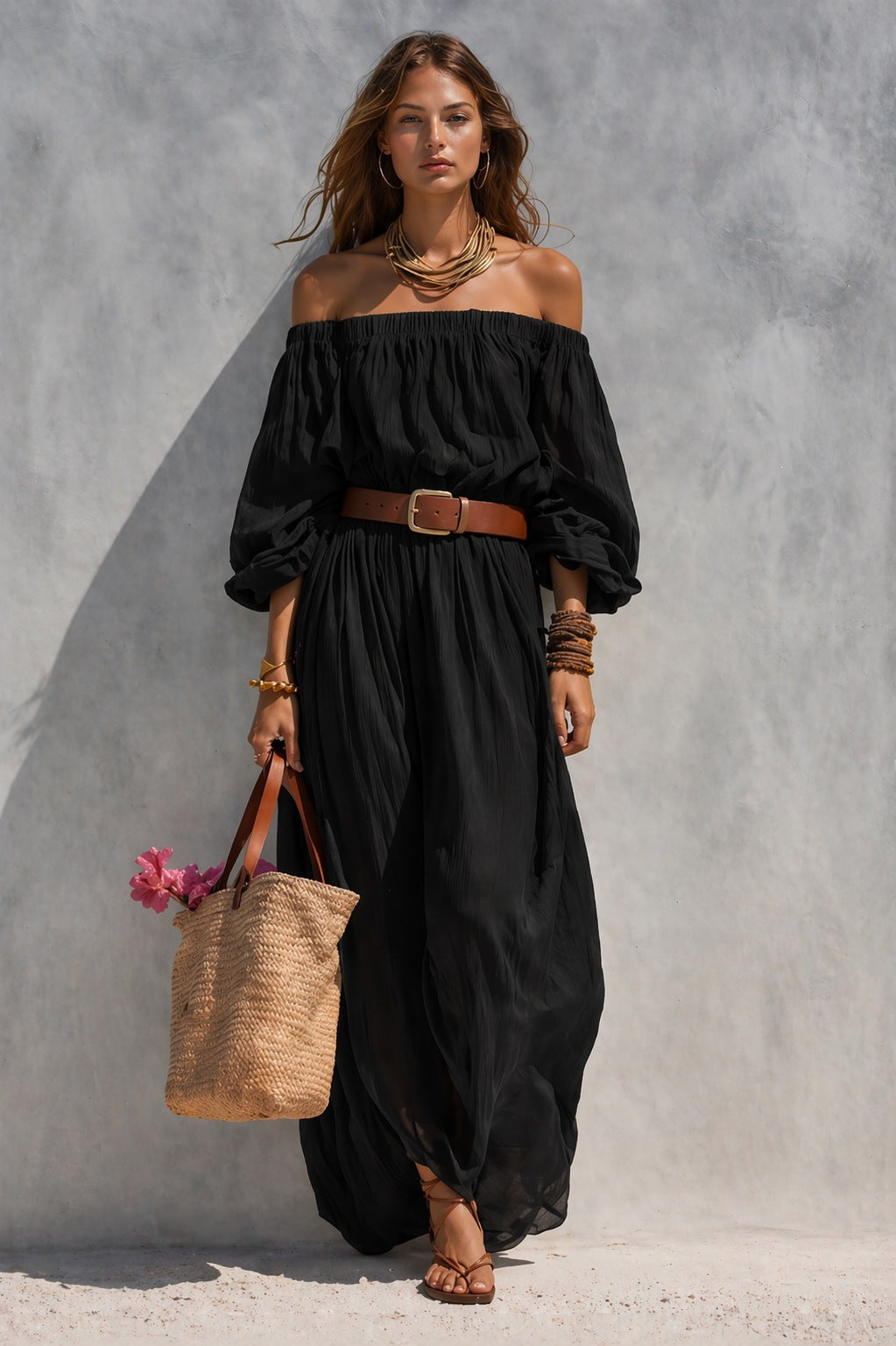 Robe longue sans manches en coton et lin à col bateau pour femme