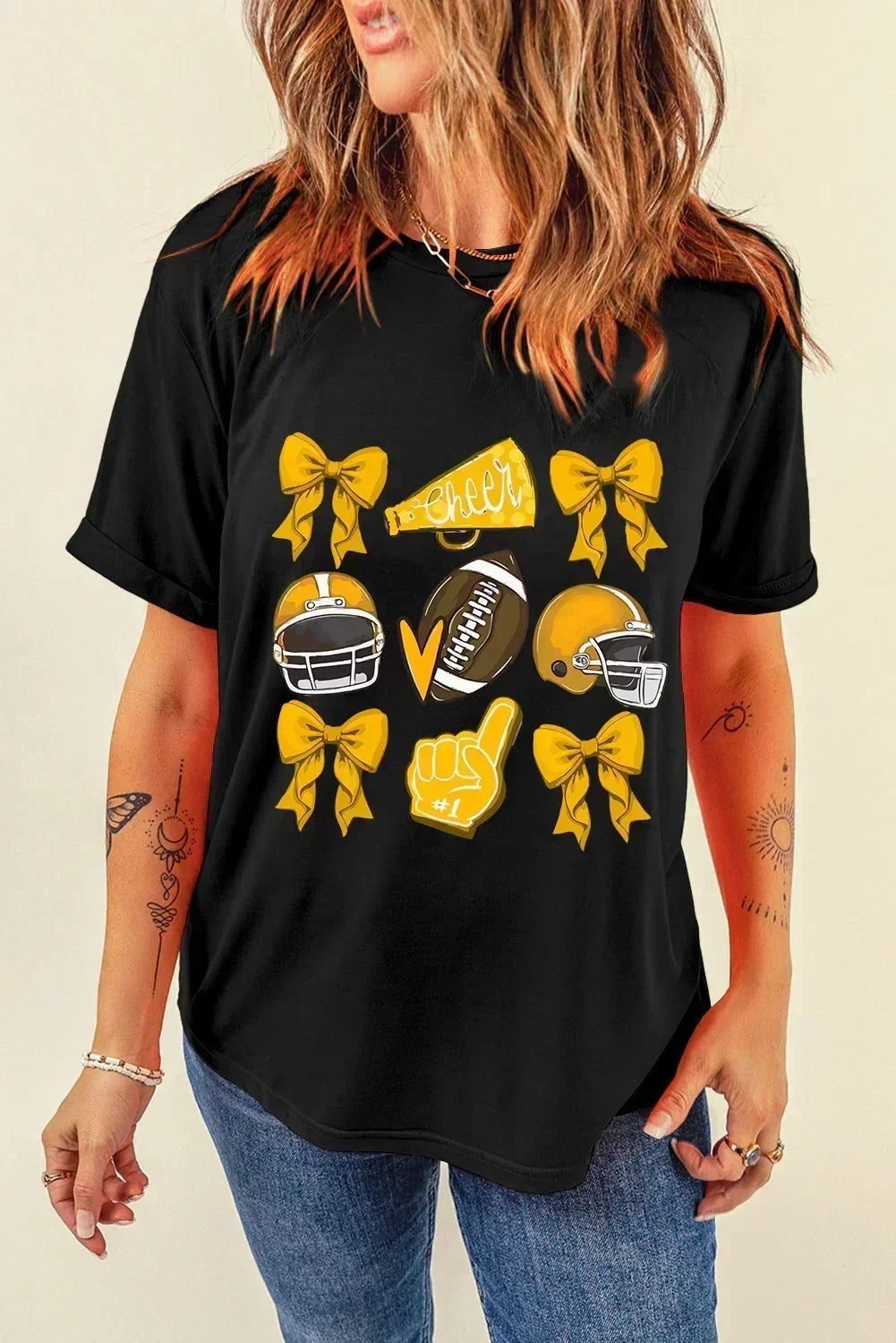Game Day Rugby Tee: White Cheer Helmet & Bow Graphic T-Shirt