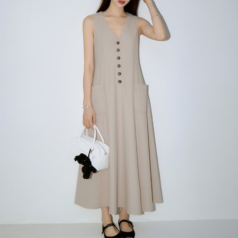 Robe crayon sans manches boutonnée à col en V pour femme
