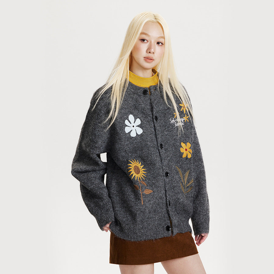 Cardigan pull brodé fleuri rétro pour femme