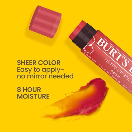 Baume teinté Burt's Bees, formule 2 en 1 longue durée, baume teinté infusé de beurre de karité hydratant pour un fini modulable d'apparence naturelle, Rose, 1 tube