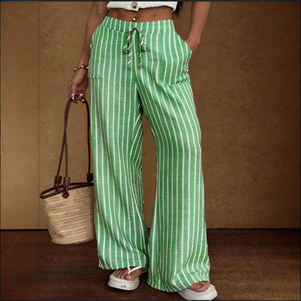 Pantalon large rayé pour femme – Taille élastique à lacets coupe ample
