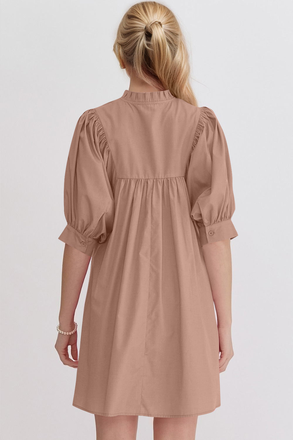 Mini-robe rose à manches bouffantes Robe décontractée et féminine pour femme Robe d'été simple et classique
