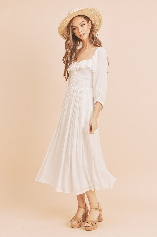 Nouvelle Robe Confortable d'Été à Volants, Smockée, Encolure Carrée et Manches Ballon – Féminine, Chic et Élégante pour Toutes les Occasions