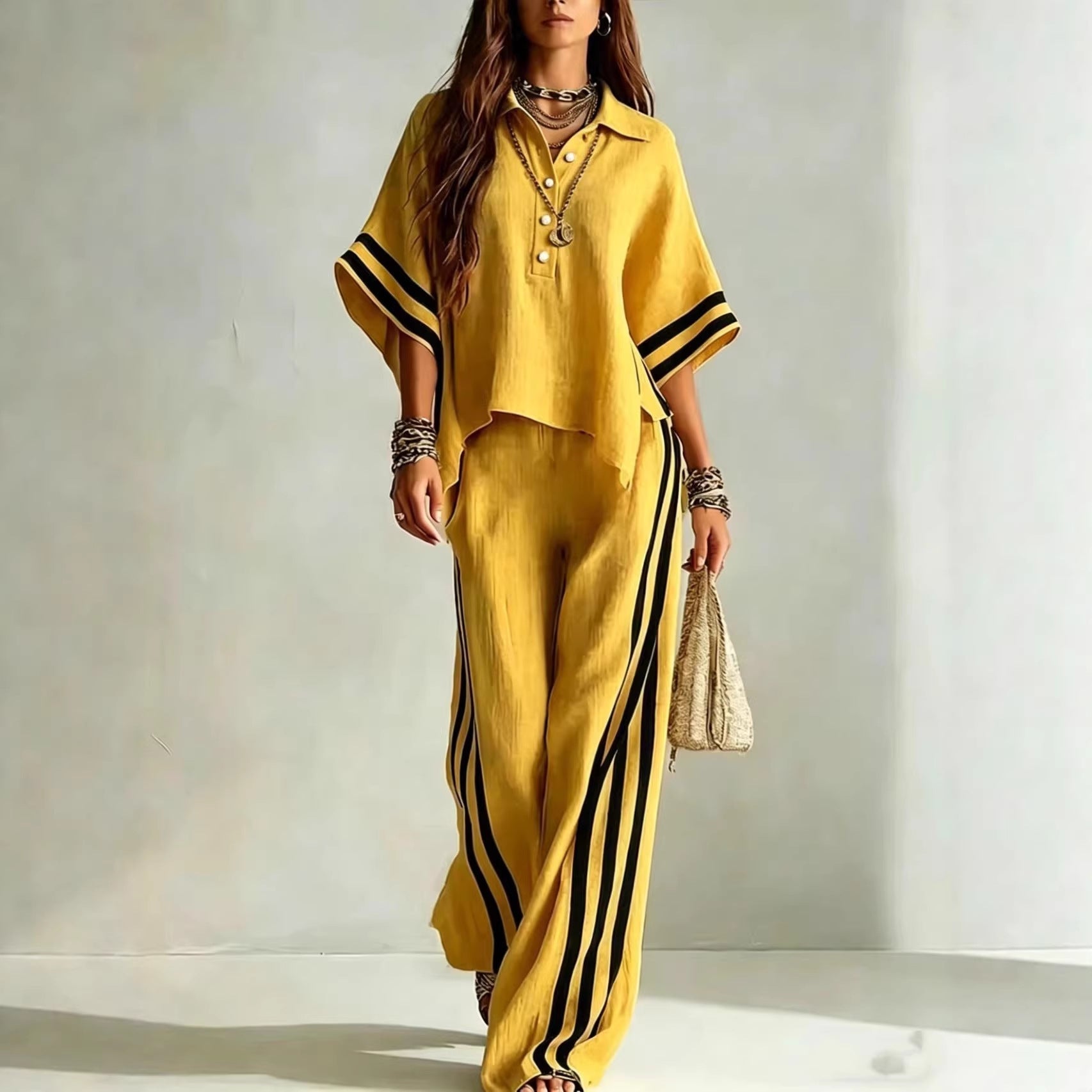 Ensemble deux pièces chemise à manches courtes et pantalon ample pour femme