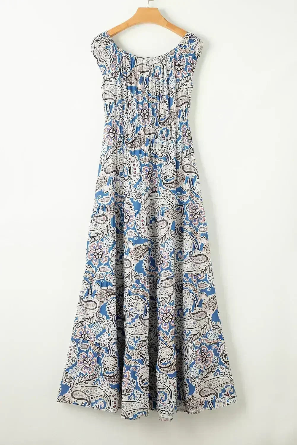 Robe longue bohème à imprimé cachemire bleu et épaules dénudées