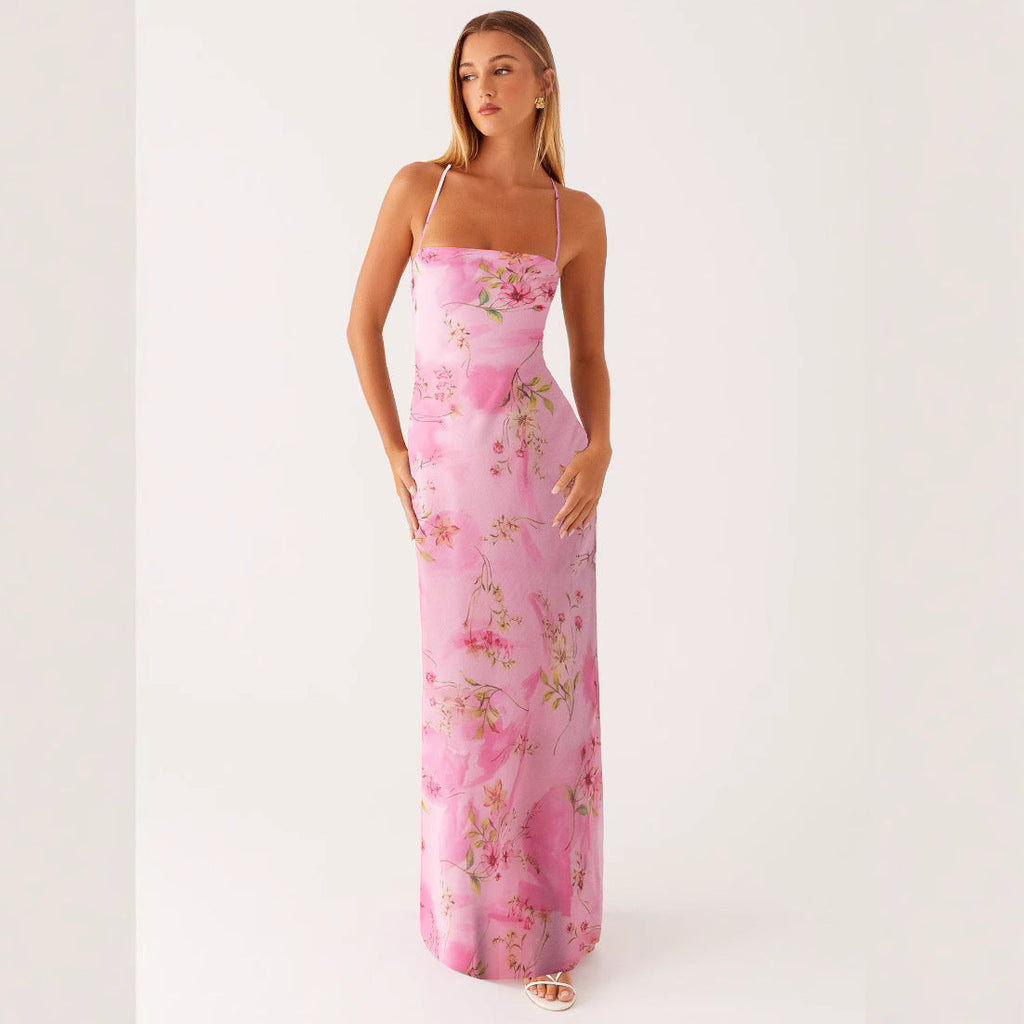 Robe longue moulante sans manches à bretelles imprimée | Taille haute