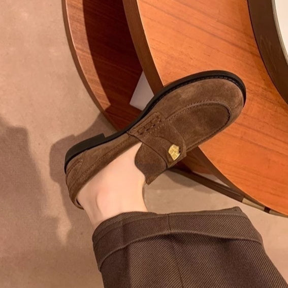 Mocassins pour femme à pièce de monnaie dorée style britannique | Chaussures en cuir à enfiler à talon carré
