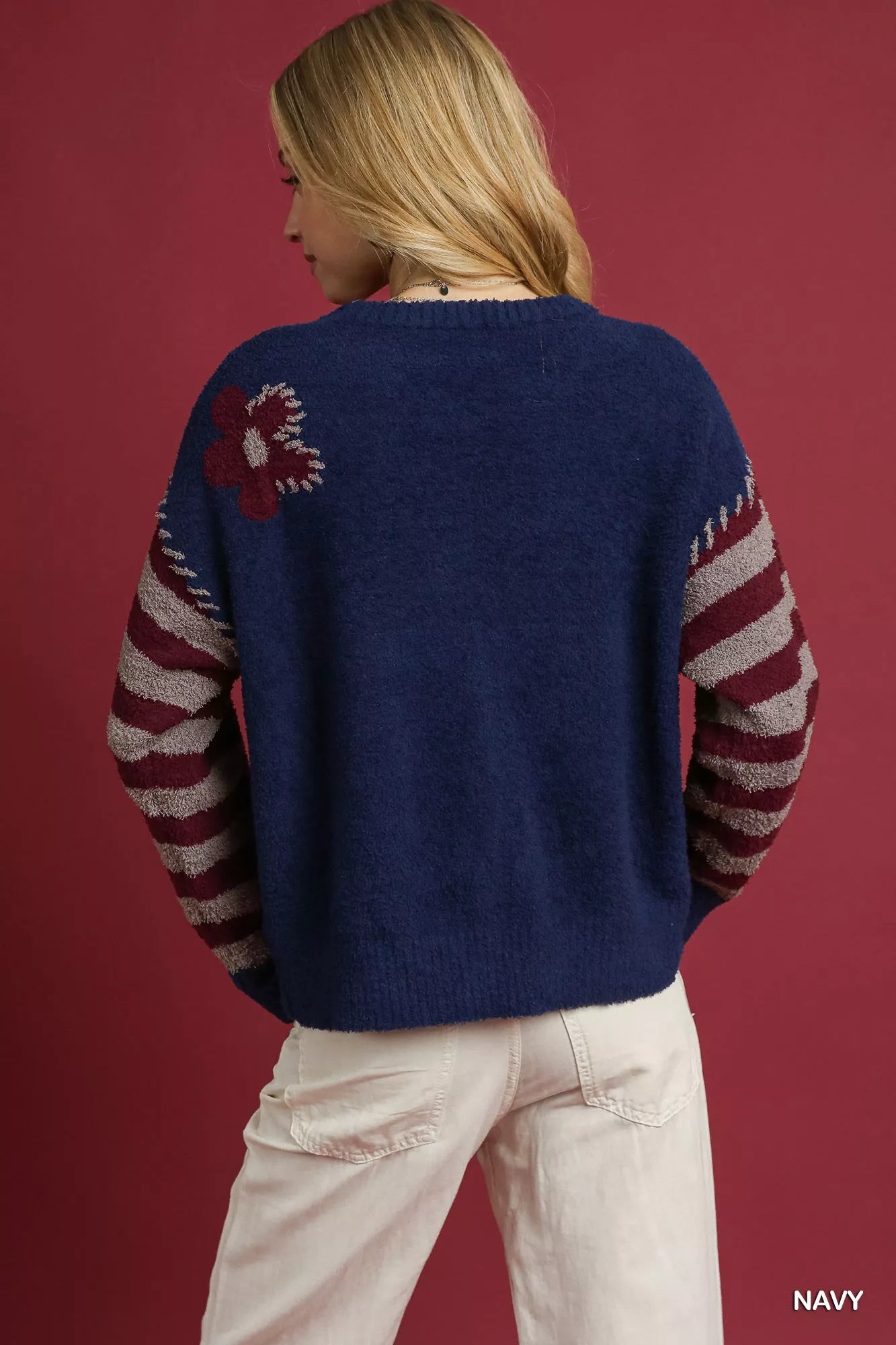 Pull jacquard floral rayé à manches longues Umgee