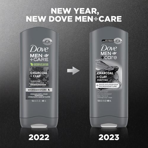 Gel douche Dove Men + Care purifiant charbon + argile pour le corps et le visage avec technologie Micromoisture nourrissante 24h pour homme, 400 ml