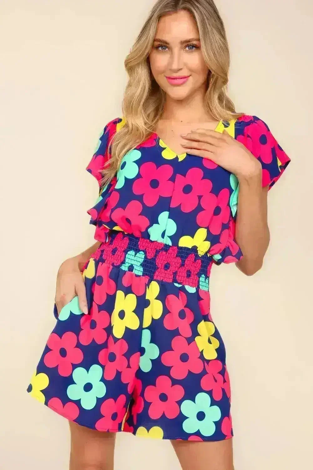 Barboteuse florale Haptics à taille smockée avec poches latérales
