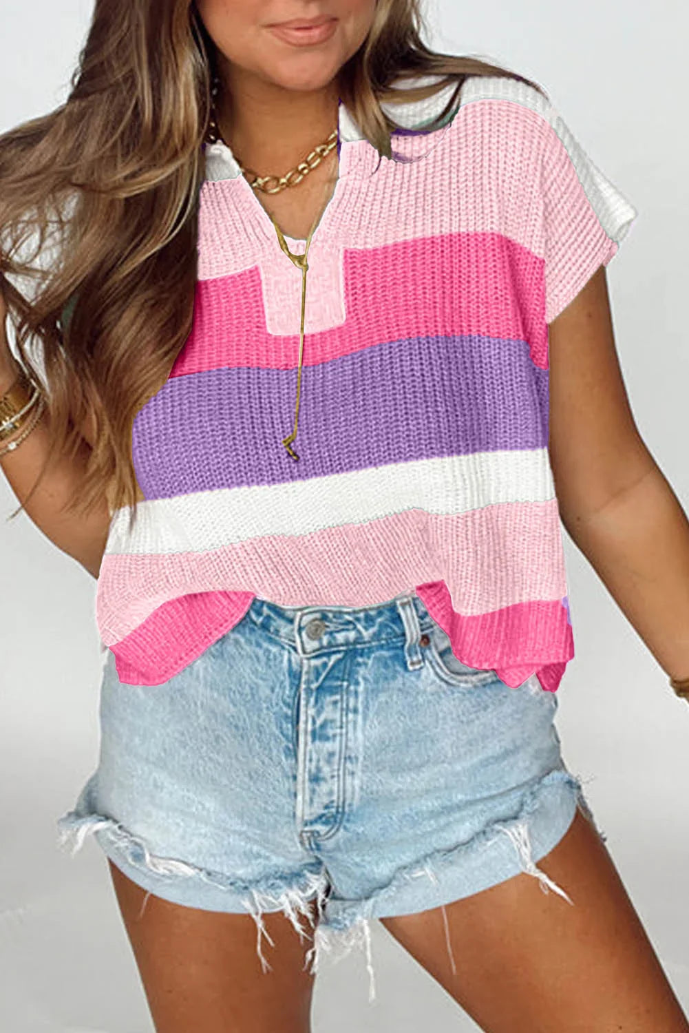 T-shirt en tricot color block multicolore à col en V entaillé