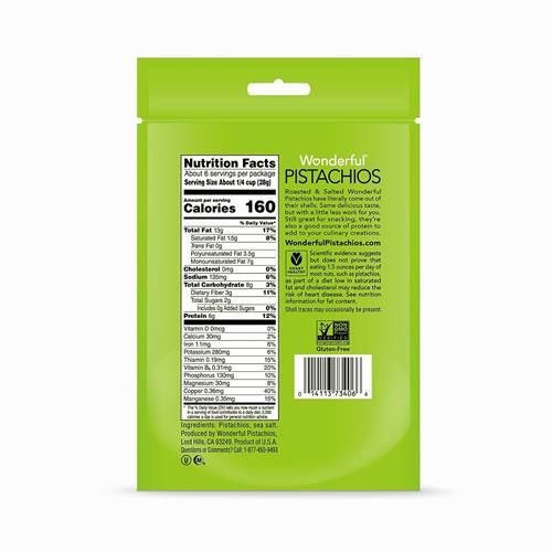 Wonderful Pistaches sans coque, noix grillées et salées, sachet refermable de 170g, en-cas protéinés, sans gluten, en-cas sains pour adultes