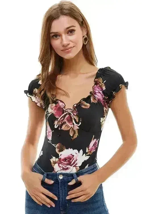 Body imprimé floral à manches bouffantes paysannes USA - Femstylo
