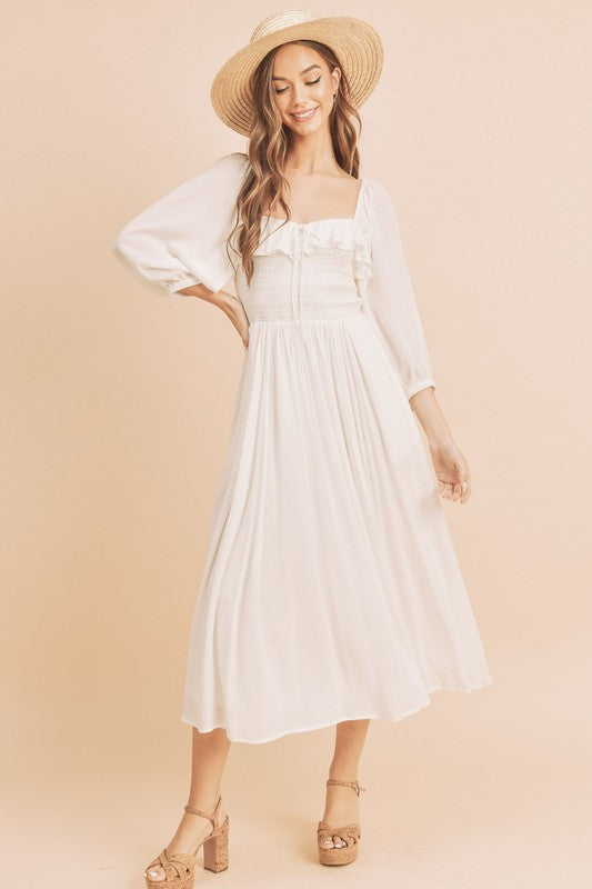 Nouvelle Robe Confortable d'Été à Volants, Smockée, Encolure Carrée et Manches Ballon – Féminine, Chic et Élégante pour Toutes les Occasions