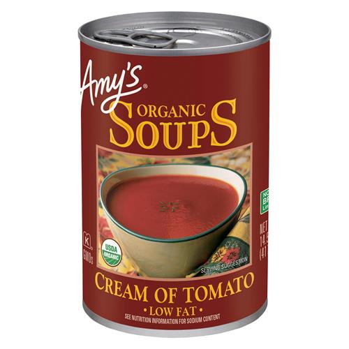 Soupe Crème de Tomate Amy's, Sans Gluten et Faible en Gras, Faite avec des Tomates Mûries au Soleil, Soupe en Conserve, 411 g