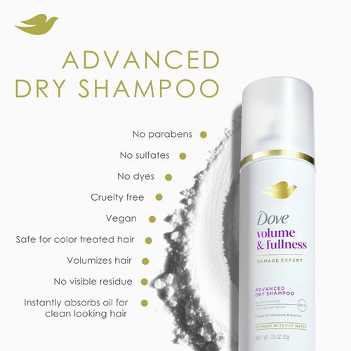 Dove Shampooing Sec Advanced Volume & Éclat Rafraîchit & Redonne du Volume aux Cheveux Plats Sans Eau Pour 2 Jours de Fraîcheur & de Volume 32 g