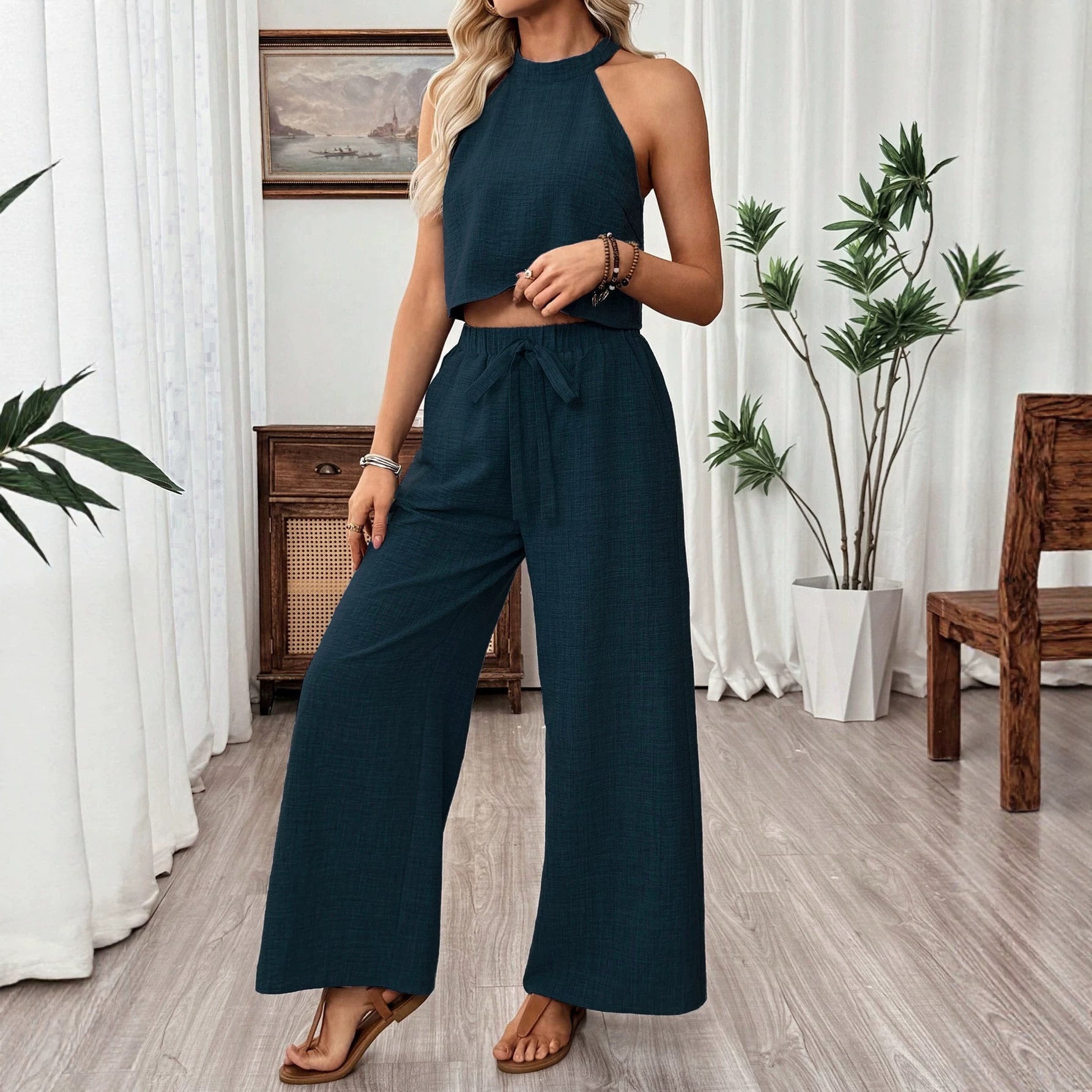 Ensemble deux pièces caraco court à col américain et pantalon large pour femme