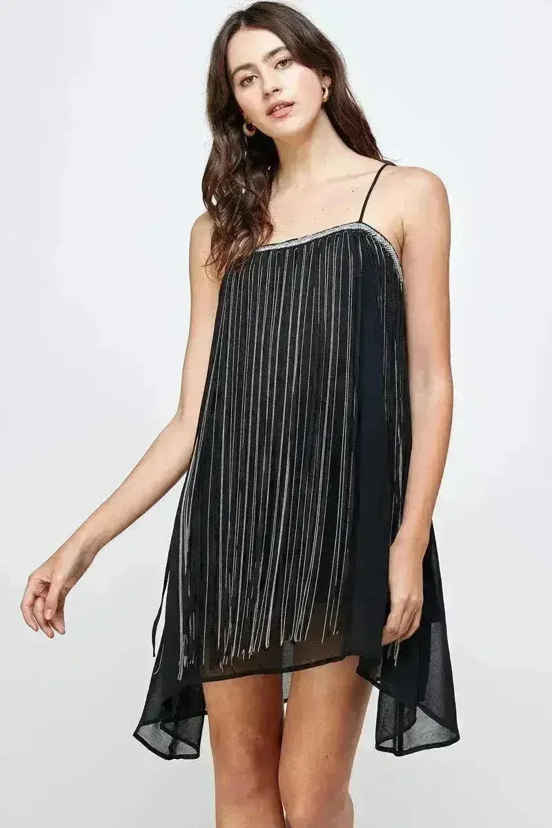 Robe courte trapèze en mousseline frangée métallique - Femstylo