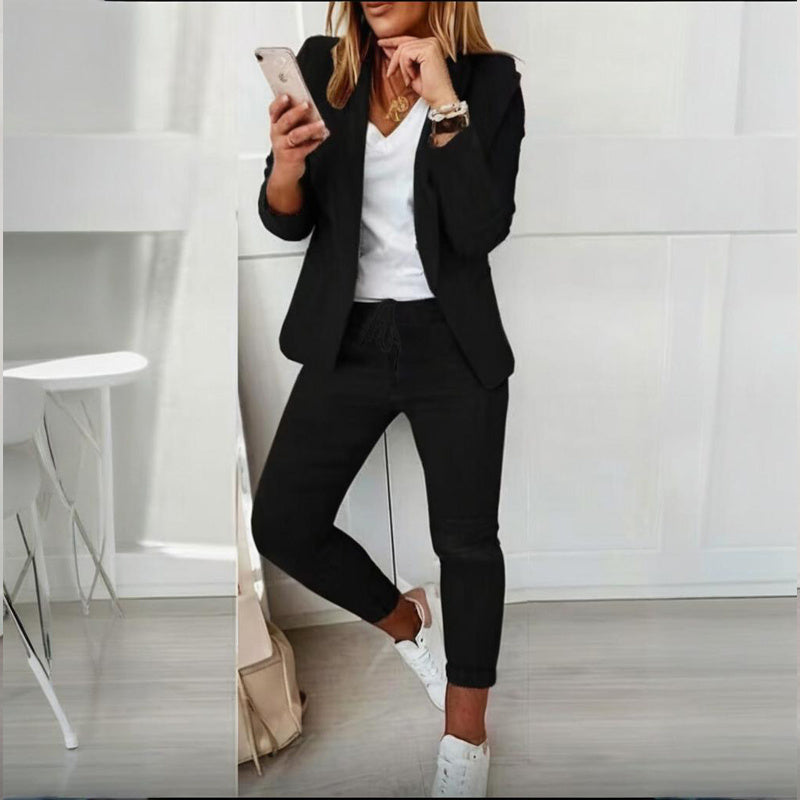 Ensemble tailleur femme blazer à revers crantés et pantalon à cordon de serrage