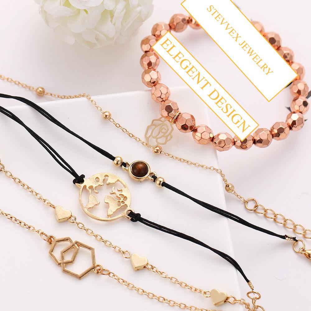 Bracelets et joncs femme Boho Rose Map Breloques rondes bohème Bracelet multicouche tendance Accessoires Bijoux de luxe