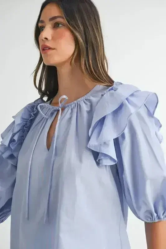 Chemisier MABLE à rayures, volants aux épaules et manches bouffantes | Femstylo