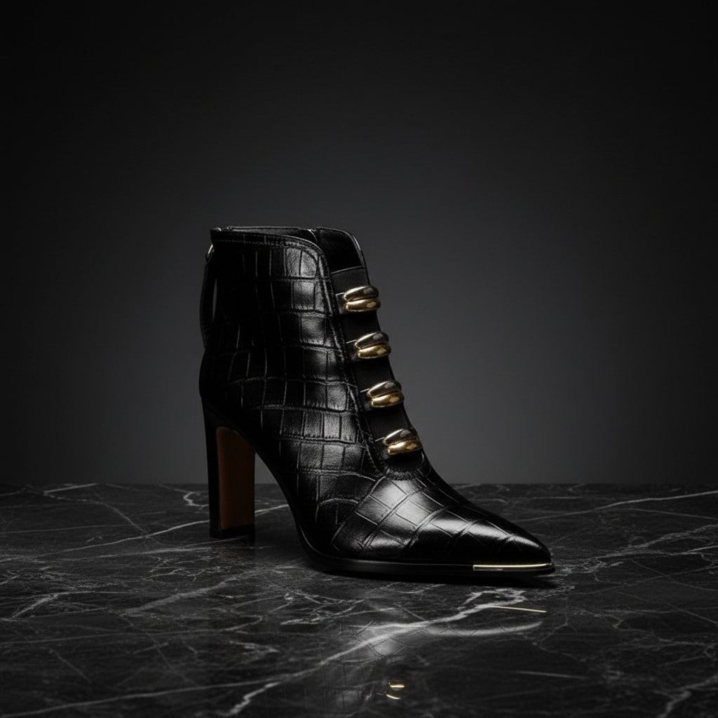 Bottes courtes en satin à bout pointu et talon carré pour femme – Talon ultra haut