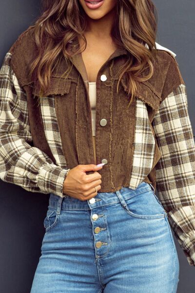 Veste courte à capuche en plaid à ourlet brut – Vêtement d'extérieur tendance boutonné avec ourlet brut décontracté