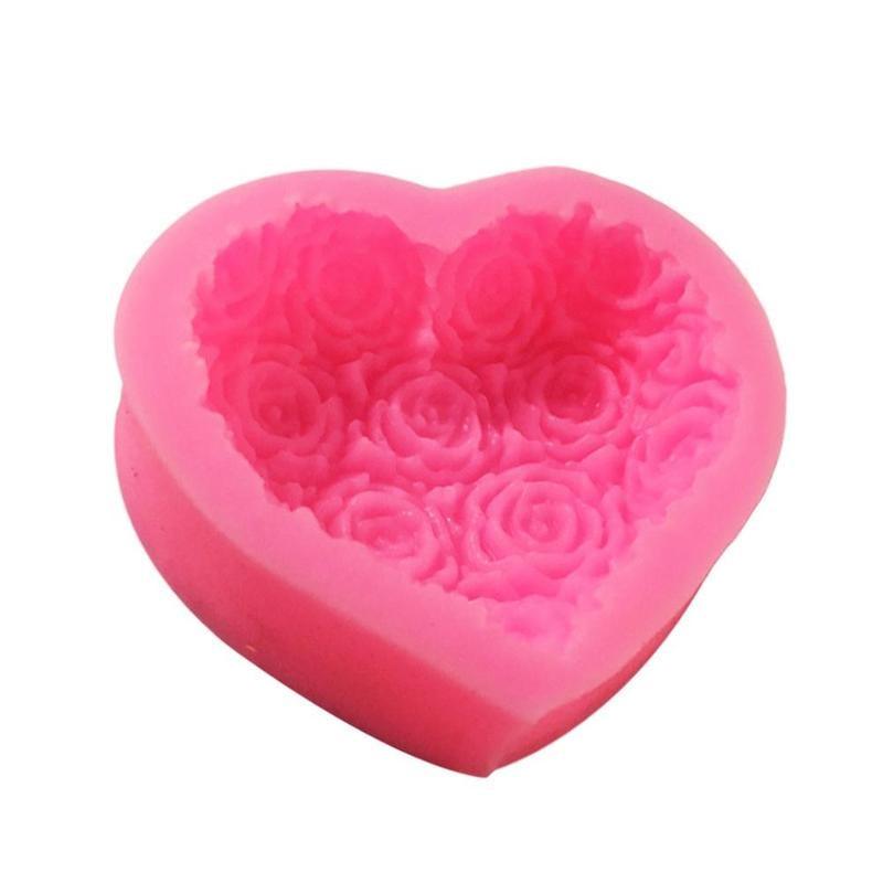 1 moule en silicone 3D en forme de cœur et de fleur rose pour la décoration de gâteaux en fondant et chocolat, moules de cuisson, moule à savon, fleur rose, moules en forme de cœur, fondant, sucre, pouding, savon, moule à bougie