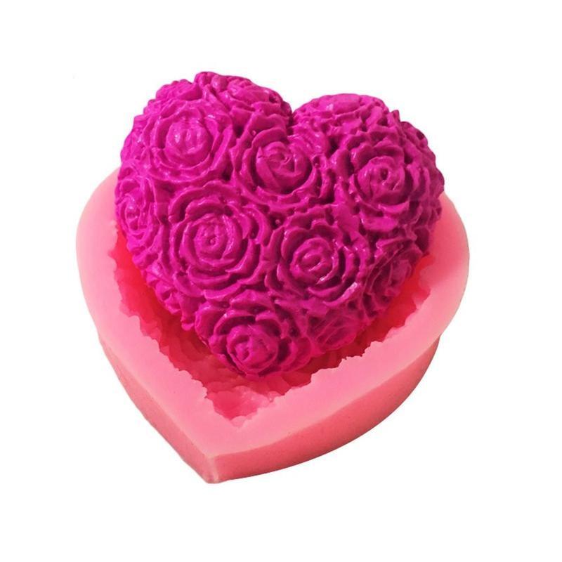 1 moule en silicone 3D en forme de cœur et de fleur rose pour la décoration de gâteaux en fondant et chocolat, moules de cuisson, moule à savon, fleur rose, moules en forme de cœur, fondant, sucre, pouding, savon, moule à bougie