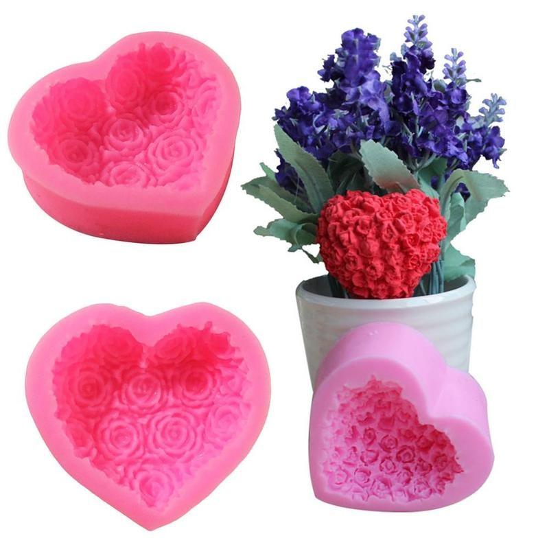 1 moule en silicone 3D en forme de cœur et de fleur rose pour la décoration de gâteaux en fondant et chocolat, moules de cuisson, moule à savon, fleur rose, moules en forme de cœur, fondant, sucre, pouding, savon, moule à bougie