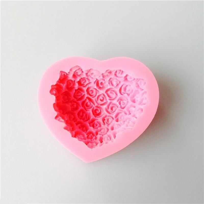 1 moule en silicone 3D en forme de cœur et de fleur rose pour la décoration de gâteaux en fondant et chocolat, moules de cuisson, moule à savon, fleur rose, moules en forme de cœur, fondant, sucre, pouding, savon, moule à bougie