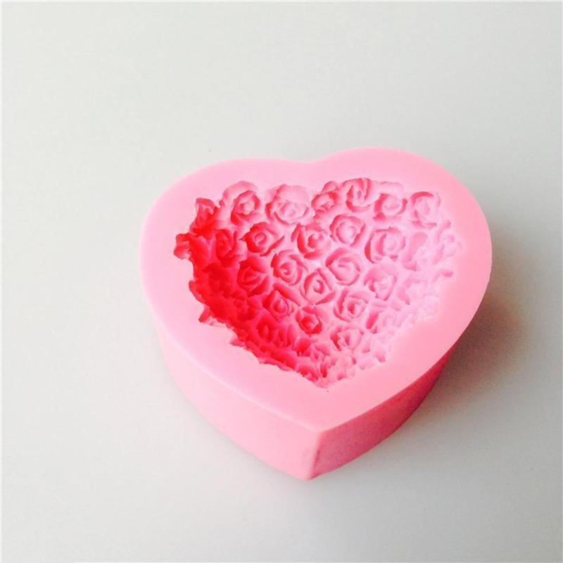 1 moule en silicone 3D en forme de cœur et de fleur rose pour la décoration de gâteaux en fondant et chocolat, moules de cuisson, moule à savon, fleur rose, moules en forme de cœur, fondant, sucre, pouding, savon, moule à bougie