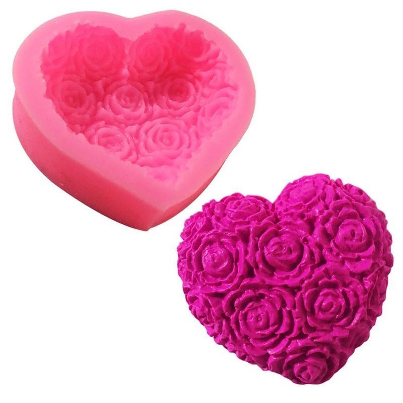 1 moule en silicone 3D en forme de cœur et de fleur rose pour la décoration de gâteaux en fondant et chocolat, moules de cuisson, moule à savon, fleur rose, moules en forme de cœur, fondant, sucre, pouding, savon, moule à bougie