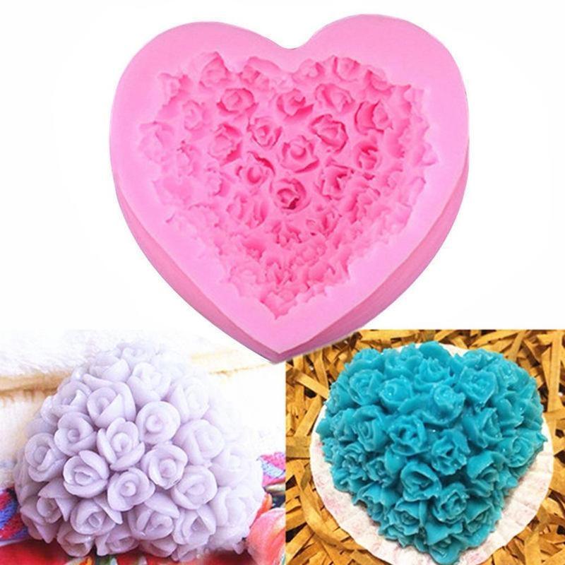 1 moule en silicone 3D en forme de cœur et de fleur rose pour la décoration de gâteaux en fondant et chocolat, moules de cuisson, moule à savon, fleur rose, moules en forme de cœur, fondant, sucre, pouding, savon, moule à bougie