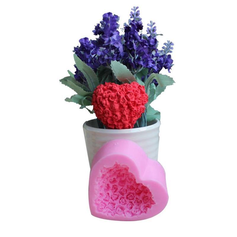 1 moule en silicone 3D en forme de cœur et de fleur rose pour la décoration de gâteaux en fondant et chocolat, moules de cuisson, moule à savon, fleur rose, moules en forme de cœur, fondant, sucre, pouding, savon, moule à bougie