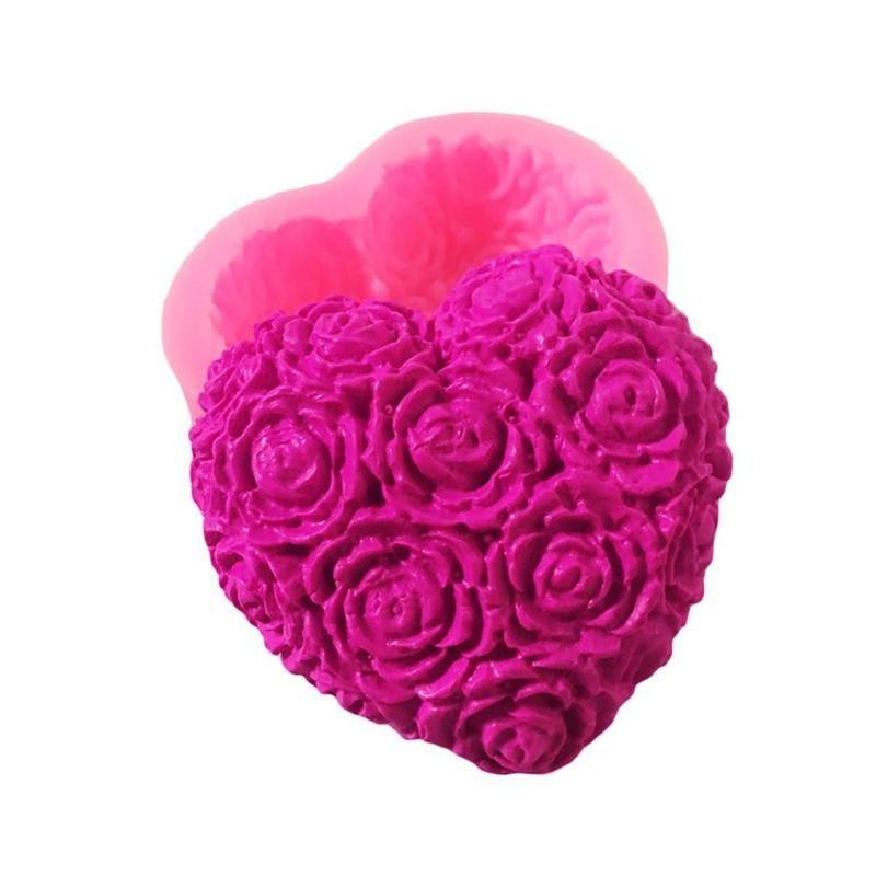 1 moule en silicone 3D en forme de cœur et de fleur rose pour la décoration de gâteaux en fondant et chocolat, moules de cuisson, moule à savon, fleur rose, moules en forme de cœur, fondant, sucre, pouding, savon, moule à bougie