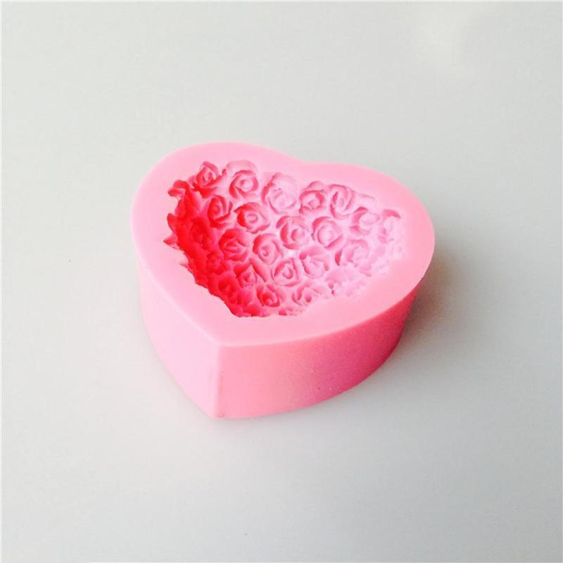 1 moule en silicone 3D en forme de cœur et de fleur rose pour la décoration de gâteaux en fondant et chocolat, moules de cuisson, moule à savon, fleur rose, moules en forme de cœur, fondant, sucre, pouding, savon, moule à bougie