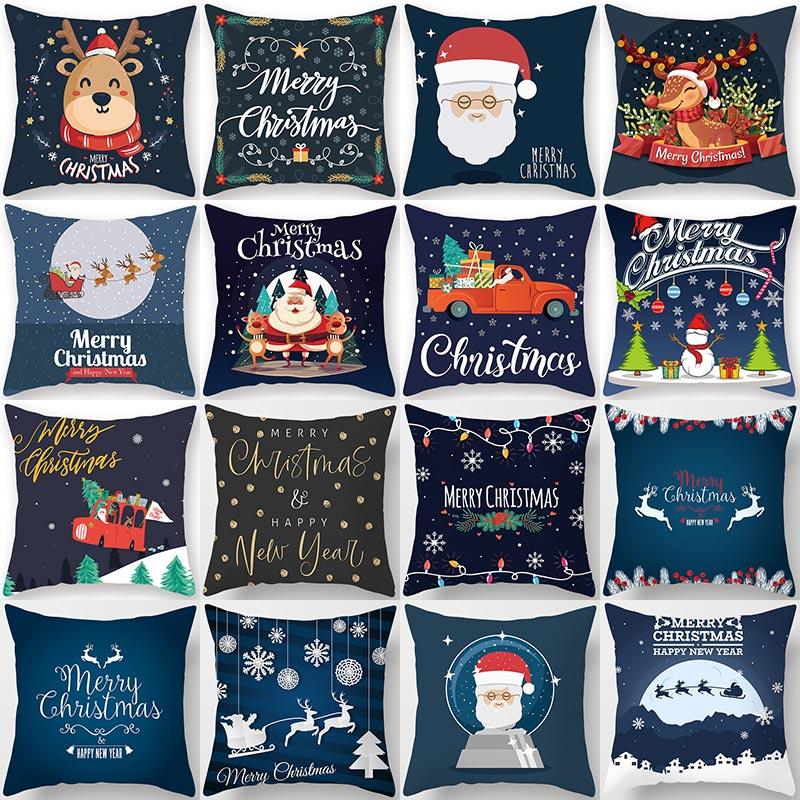 1 Housse de coussin en polyester à motif de cerf de sapin de Noël bleu Père Noël Joyeux Noël, housses de coussin décoratives, étui à oreiller arbre renne étoile pour fête, décoration de la maison, canapé décoratif, décoration de la maison, 45x45cm